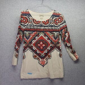 Lucky‎ Brand Top Womens Small Boho Casual Scoop Neck Ivory Floral 3/4 Sleeve